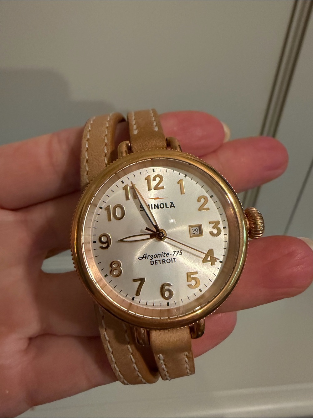 Shinola Tan Leather Double-Wrap Watch with Gold Case - Picture 2 of 6